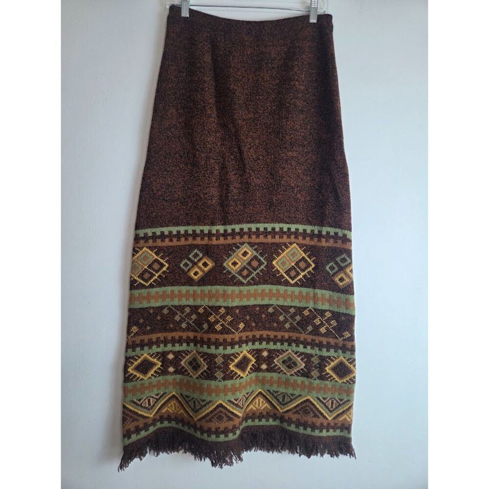 NWT Double D. Ranch Brown Tribal Print Fringe 100% Lambswool Maxi Skirt XS
